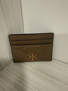Tory Burch taupe Quilted Leather Card Holder with Gold Logo